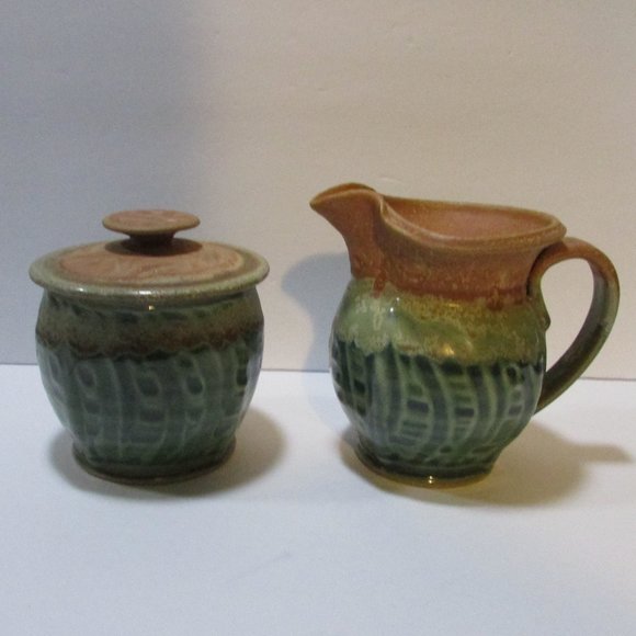 vtg green glazed pottery sugar bowl and creamer set nature tones boho table set - Picture 1 of 8